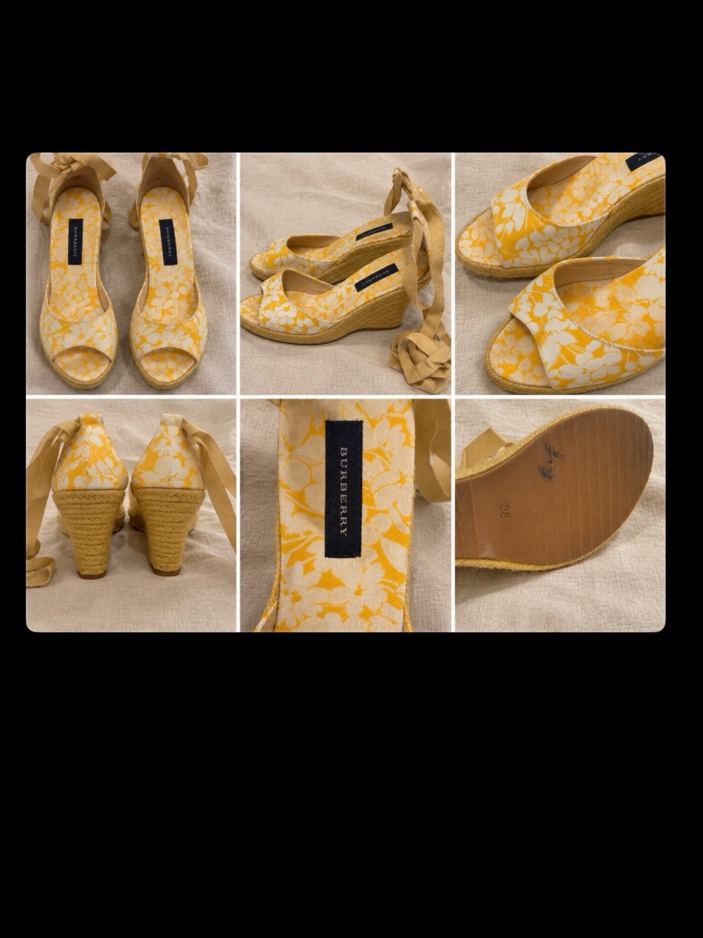 Burberry Yellow Cream Floral Espadrille Wedge Sandals with Ankle Tie